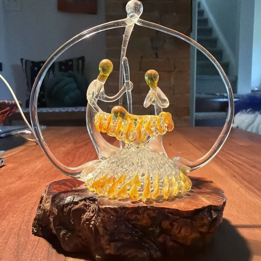 Vintage Spun Lamp Glass Nativity Scene On Live Edge Wood Block- 5.5”x4.5”